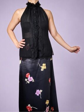 Elie Tahari Black Ruffle Halter Neck Sleeveless Chiffon Blouse Top XS